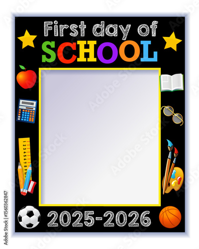 First day of school 2025-2026, photo booth frame design. Back to school 2025 creative template for photo album. Vector illustration