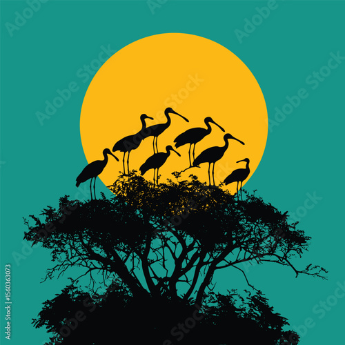 Silhouette of a flock of birds on a tree against a full moon
