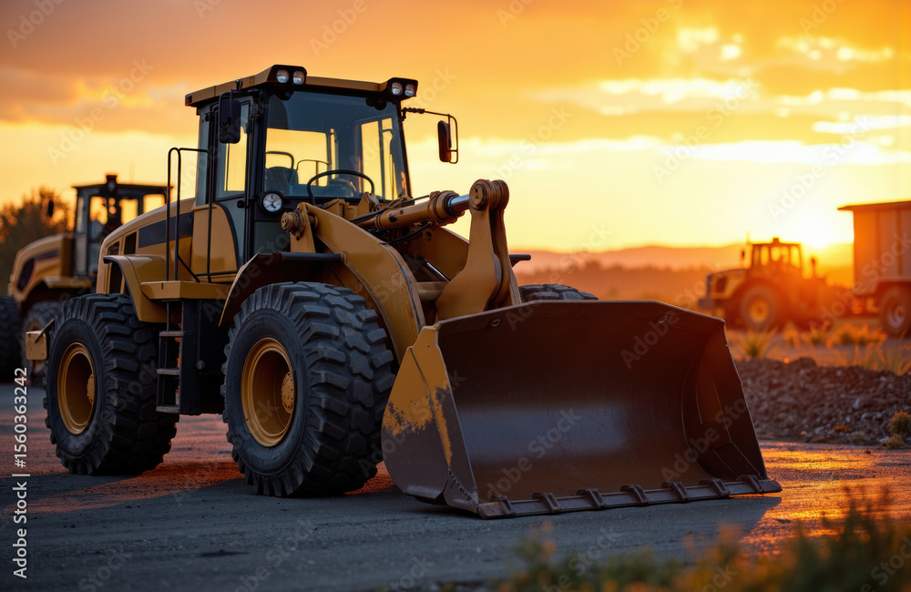Fototapeta premium Heavy construction loader vehicle working during sunset on a construction site
