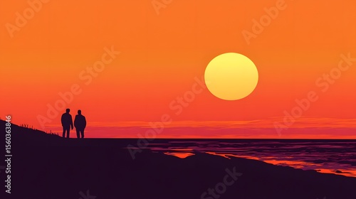 Silhouette of two people on a beach at sunset.