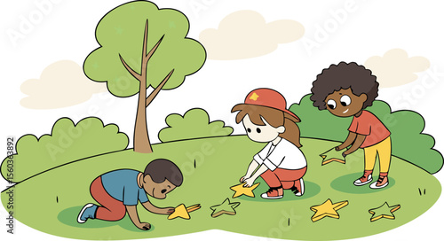 Three children picking up stars in a grassy field near a tree and bushes under a cloudy sky outdoors