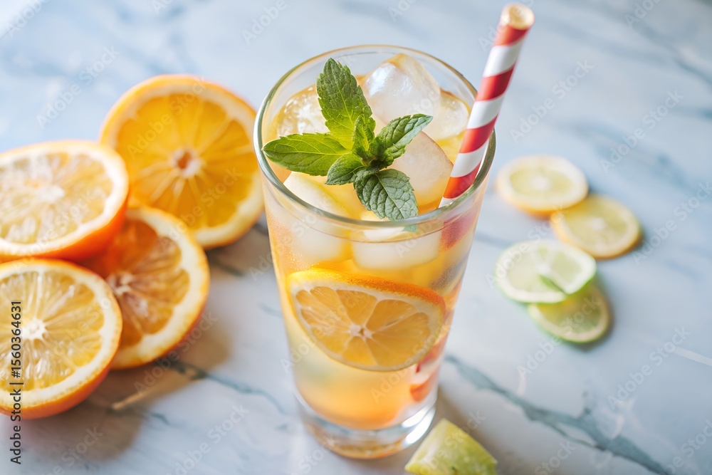 Fototapeta premium Refreshing citrus drink with ice cubes and mint on marble surface