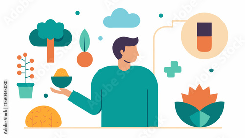 A person with a traumatic brain injury engaging in a sensory garden as a form of rehabilitation to improve their sensory processing and cognitive function. The variety of textures. Vector illustration