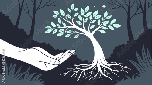 Illustration of a glowing tree with roots and leaves held in a hand in a dark forest setting scene