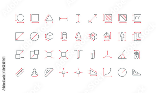 Measurement space, length and width, thickness of geometric shape, dimension arrows line icon set. Precision measuring of person height, building and box thin black and red symbols vector illustration