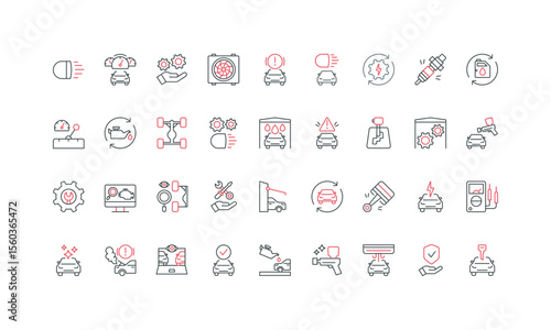 Auto service, Car garage icon set. Car maintenance and repair service, auto shop, insurance line icon set. Fix vehicle problem in workshop outline symbols vector illustration