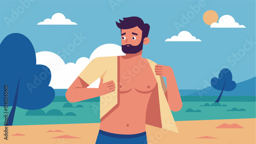A man hesitating to take off his shirt at the beach because he is selfconscious about not having the toned chest and abs that are glorified in the media.. Vector illustration