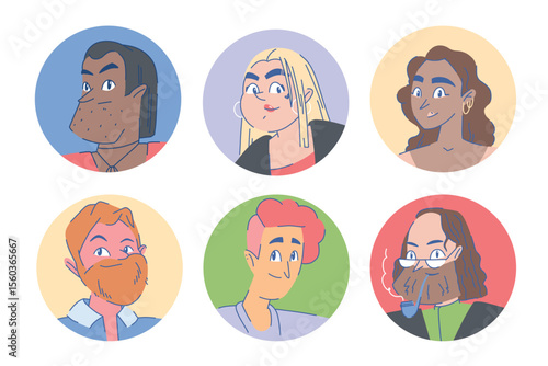 A large set of different stylized cartoon avatars of people in round frames