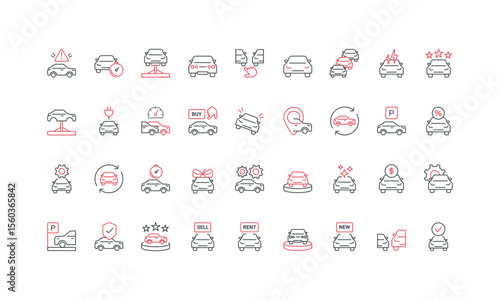 Car dealer, auto shop and repair garage service, showroom to choose, buy or rent automobile line icon set. Vehicle dealership, inspection thin black and red outline symbols vector illustration
