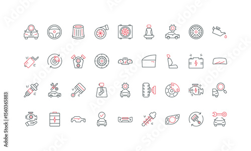 Car parts for change and vehicle repair in garage, automobile engine line icon set. Gearshift and spare wheel, tire and seat, piston, brake thin black and red outline symbols vector illustration