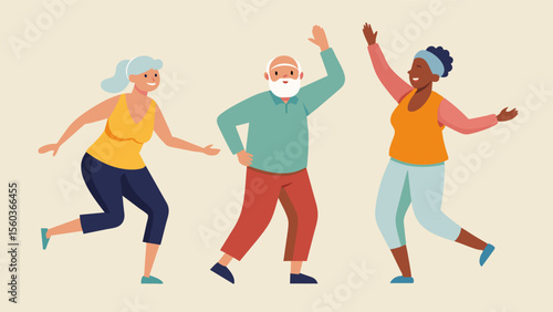 A group of seniors participating in a dance class gracefully moving their bodies to the rhythm of the music. Through dance they are able to express themselves and engage in. Vector illustration