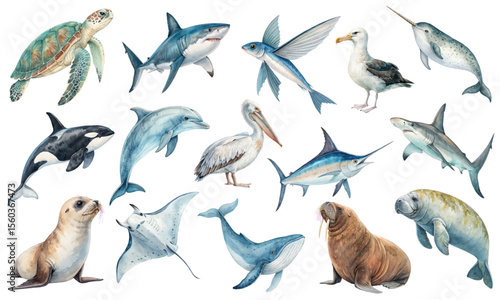 Watercolor Vector Set of Marine Animals and Ocean Wildlife Illustrations