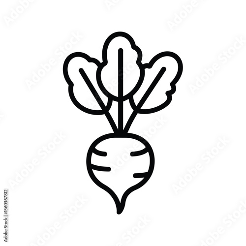 Simple outline icon of a fresh beet with green leaves on a white background