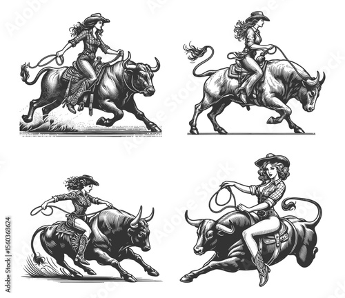cowgirl riding bull in energetic rodeo scenes Set collection bundle sketch engraving generative ai vector illustration. Scratch board imitation. Black and white image.