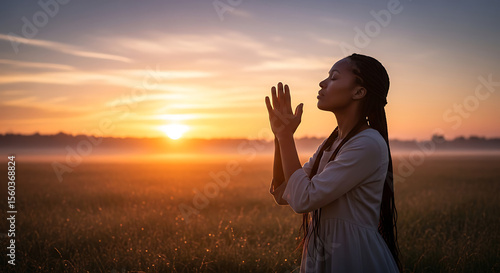 A woman embracing the sunrise during a moment of serene reflection.
