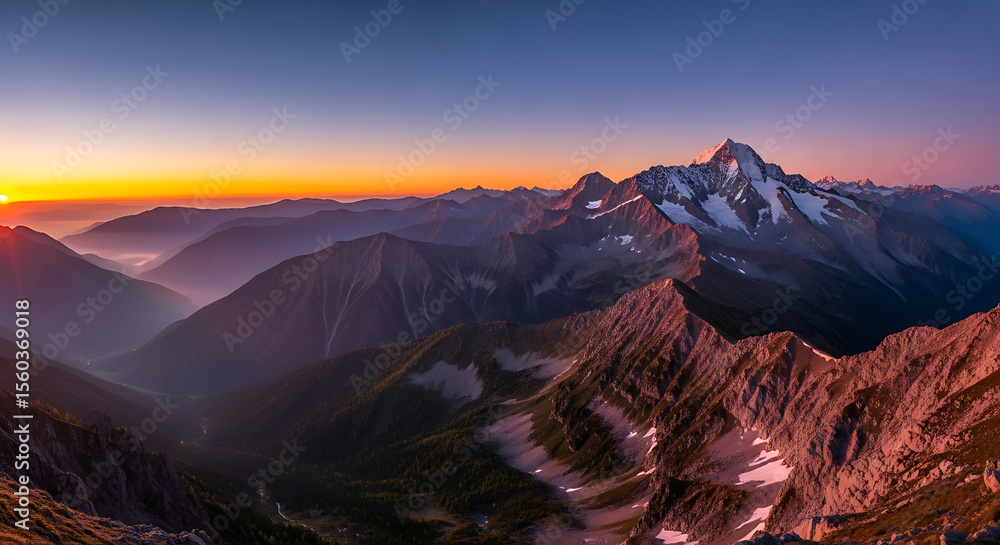 Naklejka premium A breathtaking panoramic view of the mountains under the beautiful golden sunset.