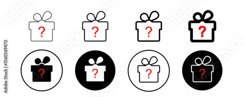 Mystery gift box icon set. Surprise present giftbox outline with question mark, quest gift box