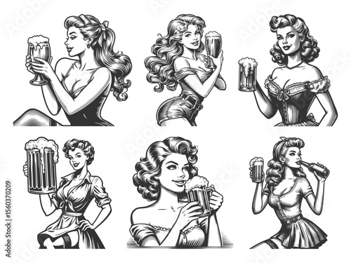 Pin-Up Girl Drinking Beer Set collection bundle sketch engraving generative ai vector illustration. Scratch board imitation. Black and white image.