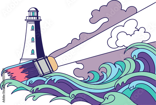 A lighthouse with a paintbrush beam stands amidst stylized waves and clouds in an illustrative scene