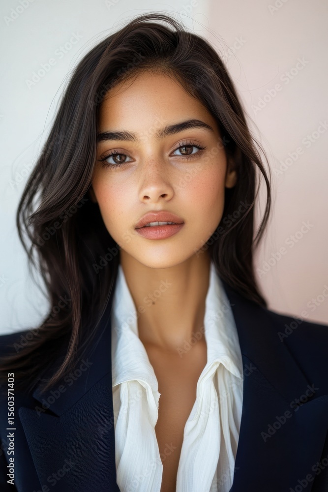 Portrait of young asian female with long dark hair wearing blazer Portrait of young asian female with long dark hair wearing blazer