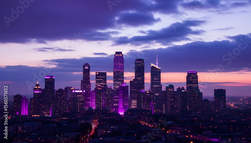 Silhouette of futuristic city with purple neon towers at twilight