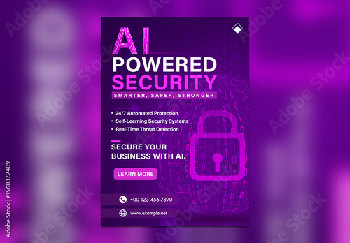 Editable AI Cybersecurity Flyer Template – Vertical A4 Business Security Poster in Purple Tech Theme