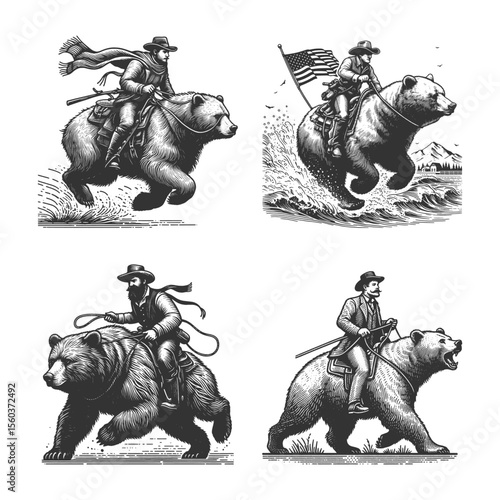 Cowboy Riding Bear Set collection bundle sketch engraving generative ai vector illustration. Scratch board imitation. Black and white image.