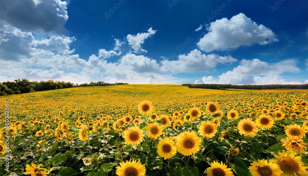 Obraz premium vibrant yellow sunflower field under a bright blue sky with clouds