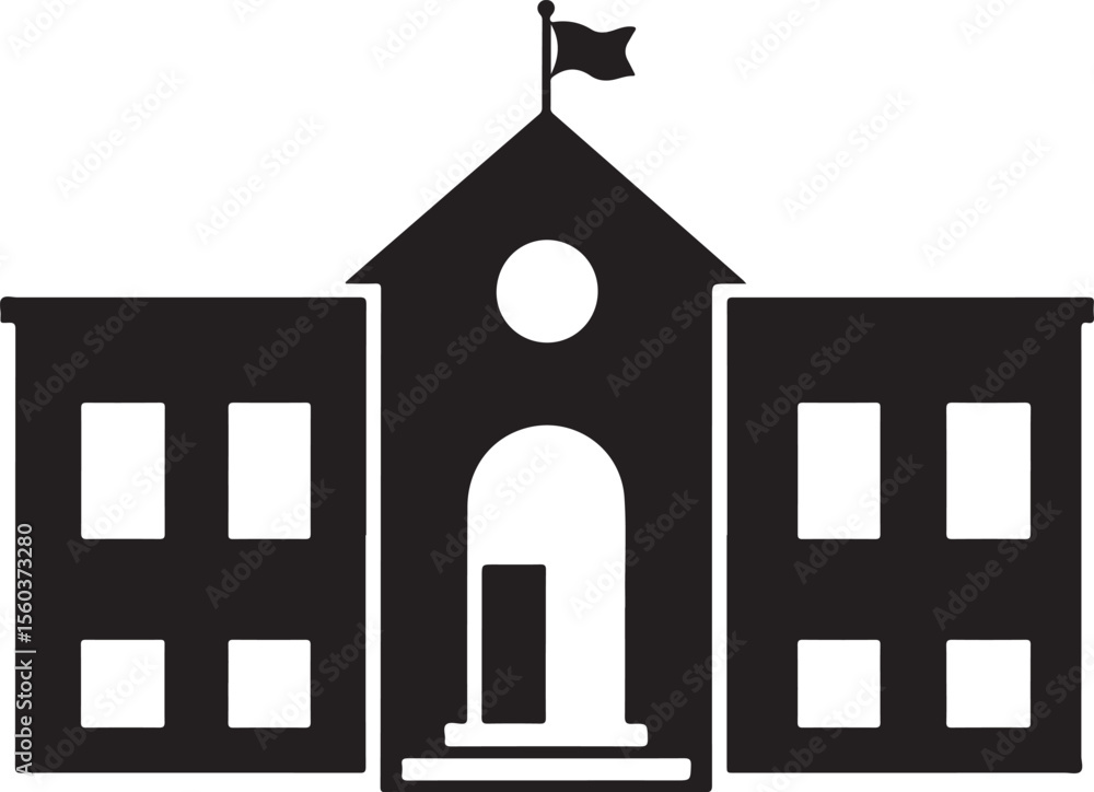 Fototapeta premium Schoolhouse Illustration Featuring Bell Tower, Flag, and Symmetrical Windows