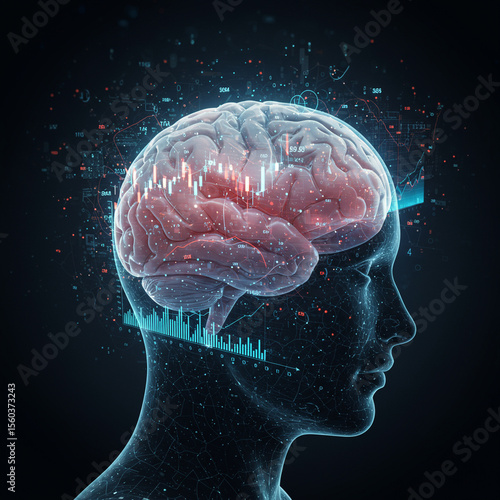 Hyperrealistic digital rendering of human brain inside transparent head with data charts and graphs overlay, symbolizing intelligence and advanced technology in futuristic style