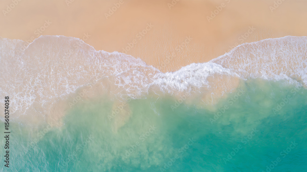 Fototapeta premium Aerial view of ocean waves crashing on sandy beach, tropical summer seascape perfect