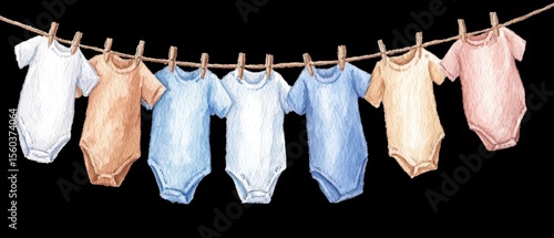 Adorable Infant Bodysuits Hanging on a Clotheshanger Against a Black Background Perfect for Newborn Baby Showers and Nursery Decor