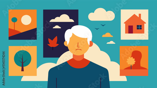 A series of photographs taken by a person with dementia captured during moments of confusion and clarity poignantly depict the evershifting landscape of memory.. Vector illustration