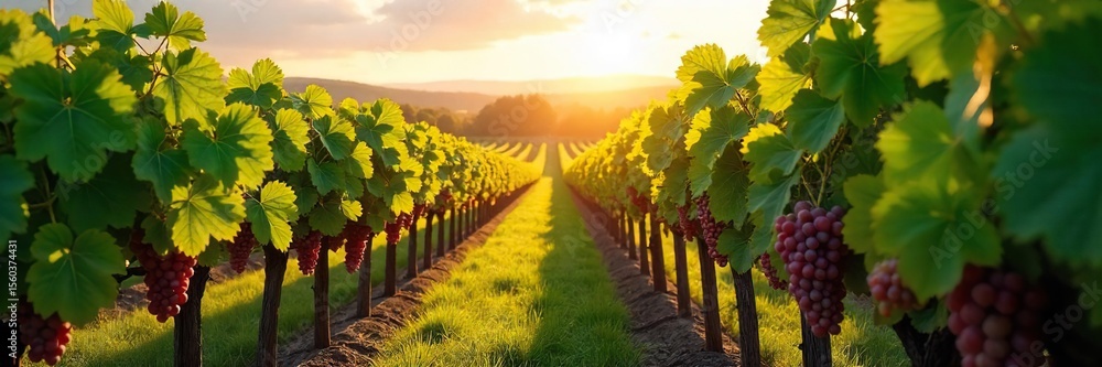 Fototapeta premium Sun-drenched Vineyard Ready for Harvest Lush Green Foliage and Ripe Grapes Hanging Heavy on the Vines, Creating a Picturesque Autumnal Scene