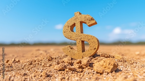 Dollar Sign in Dry Land Symbolizing Economic Challenges and Financial Struggles in Nature