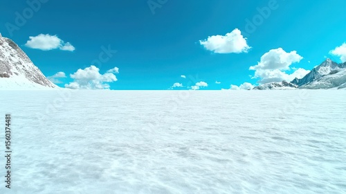 Vast Frozen Landscape Under Clear Blue Sky with Puffy White Clouds and Rocky Mountains