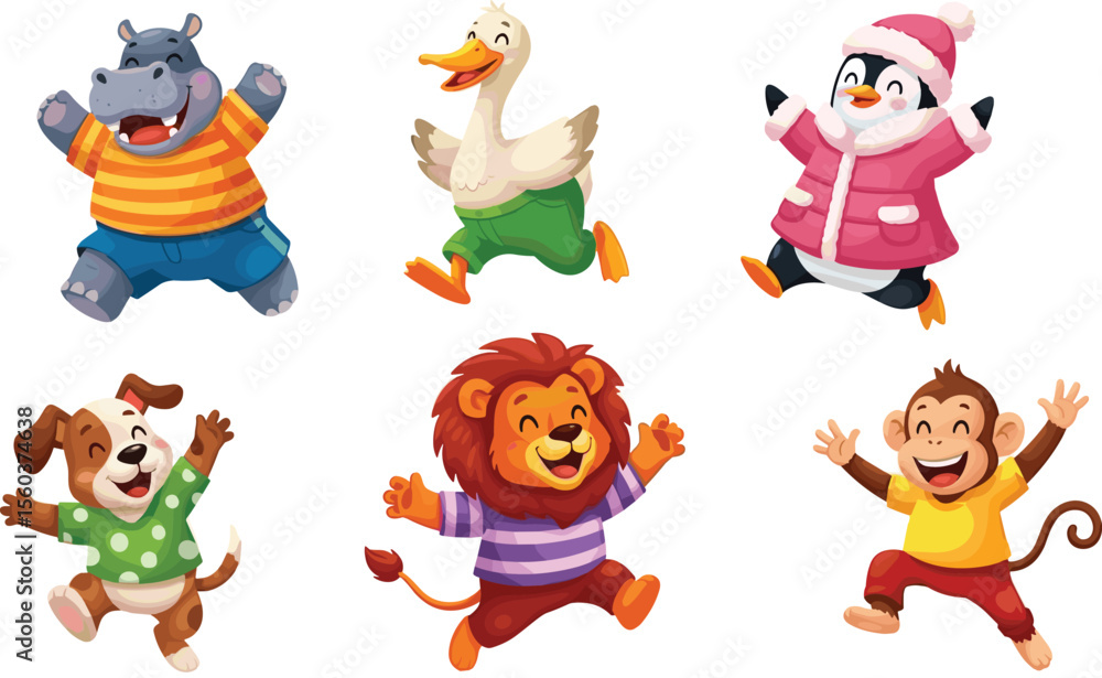 Naklejka premium Adorable Collection of Joyful Cartoon Animals: Hippo, Duck, Penguin, Dog, Lion, Monkey, Happy Friends Jumping and Playing