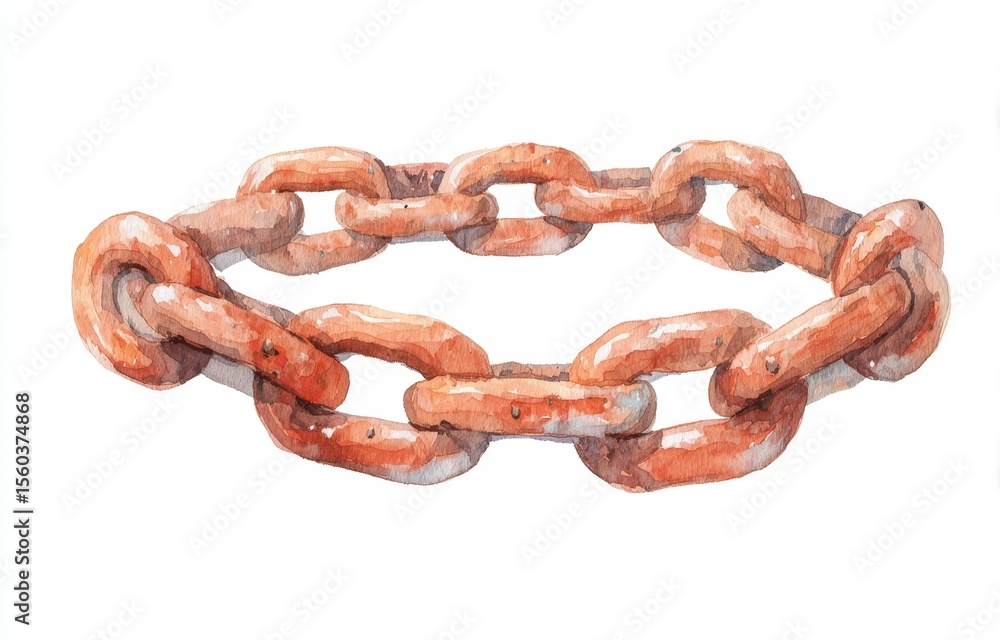 Watercolor Illustration of a Rusty Chain Links on White Background, Artistic Depiction of Strength and Connection in Mixed Media Style for Stock Usage Watercolor Illustration of a Rusty Chain Links on White Background, Artistic Depiction of Strength and Connection in Mixed Media Style for Stock Usage