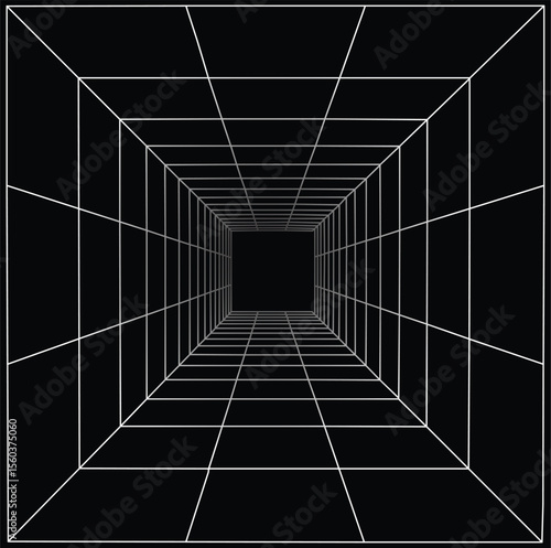 Optical illusion of a white wireframe tunnel or corridor receding into a black void.