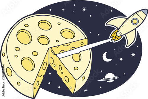 A yellow rocket ship flying from a swiss cheese moon in a dark blue starry night sky illustration