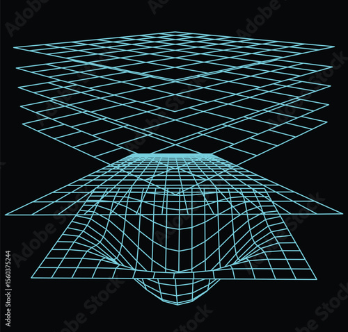Cybernetic wireframe illustration depicting a series of grids, with the central one distorted into a concave shape, suggesting a spatial anomaly.