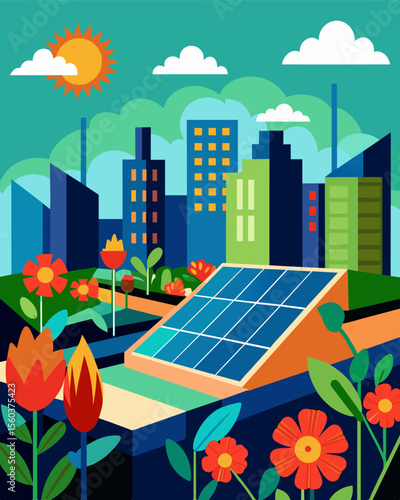 A modern urban garden with vibrant flowers and plants overlooked by sleek solar panels on rooftops.. Vector illustration