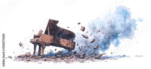 Abstract illustration of a grand piano exploding with debris and clouds of dust, representing chaos and transformation in music and art