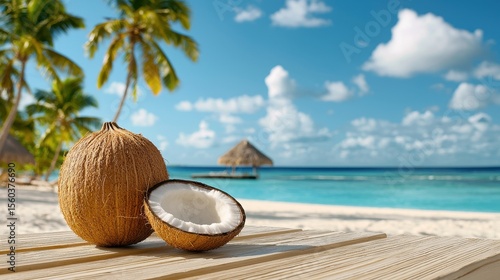 Fresh Coconut on Beach with Palm Trees and Clear Blue Ocean in Tropical Paradise