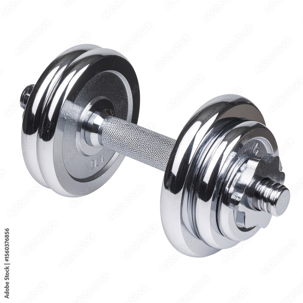 Fototapeta premium Shiny chrome dumbbell with textured grip, isolated on transparent background PNG