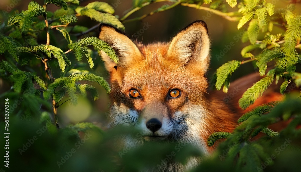 Fototapeta premium red fox hidden in foliage sunlit eyes visible