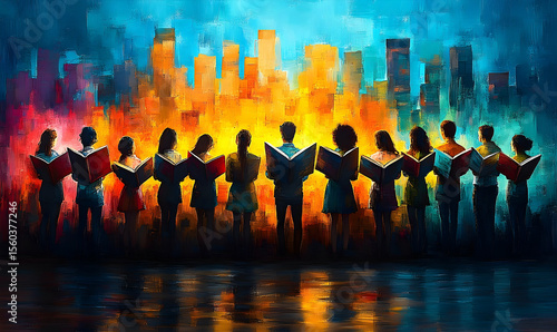 Vivid oil painting of a choir singing before a stylized cityscape reflected in water