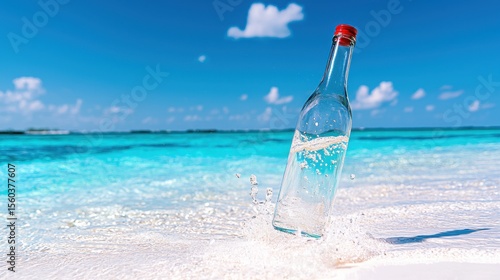 Empty Glass Bottle on Tropical Beach with Clear Blue Water and White Sand Shoreline