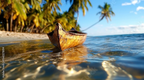 Wooden Canoe on Serene Beach with Palm Trees and Calm Waters Under Clear Blue Sky