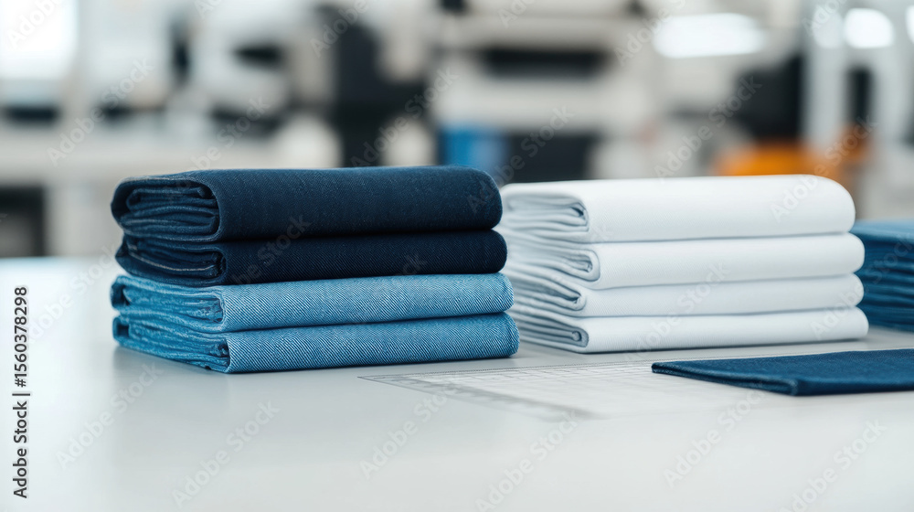 Garment factory, A cutting table displaying stacks of denim fabric ready for garment production. Garment factory, A cutting table displaying stacks of denim fabric ready for garment production.